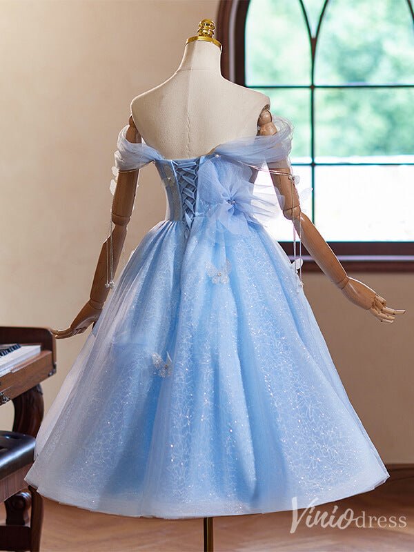 Light Blue Sparkly Tulle Butterfly Homecoming Dress Off the Shoulder B – Viniodress