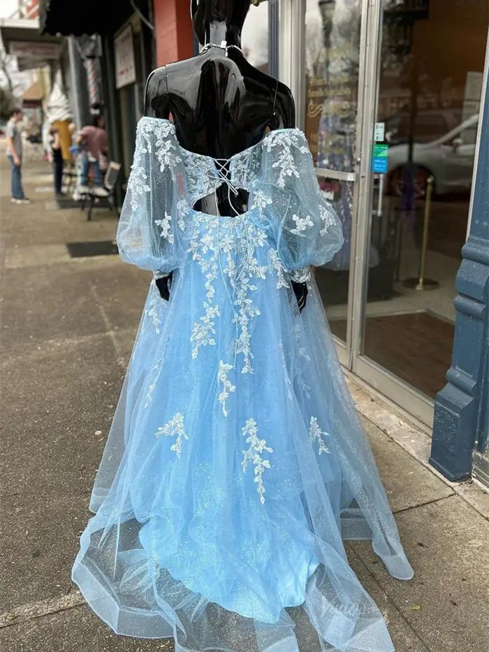 Light Blue Sparkly Tulle Lace Prom Dresses 2025 Removable Long Sleeve – Viniodress