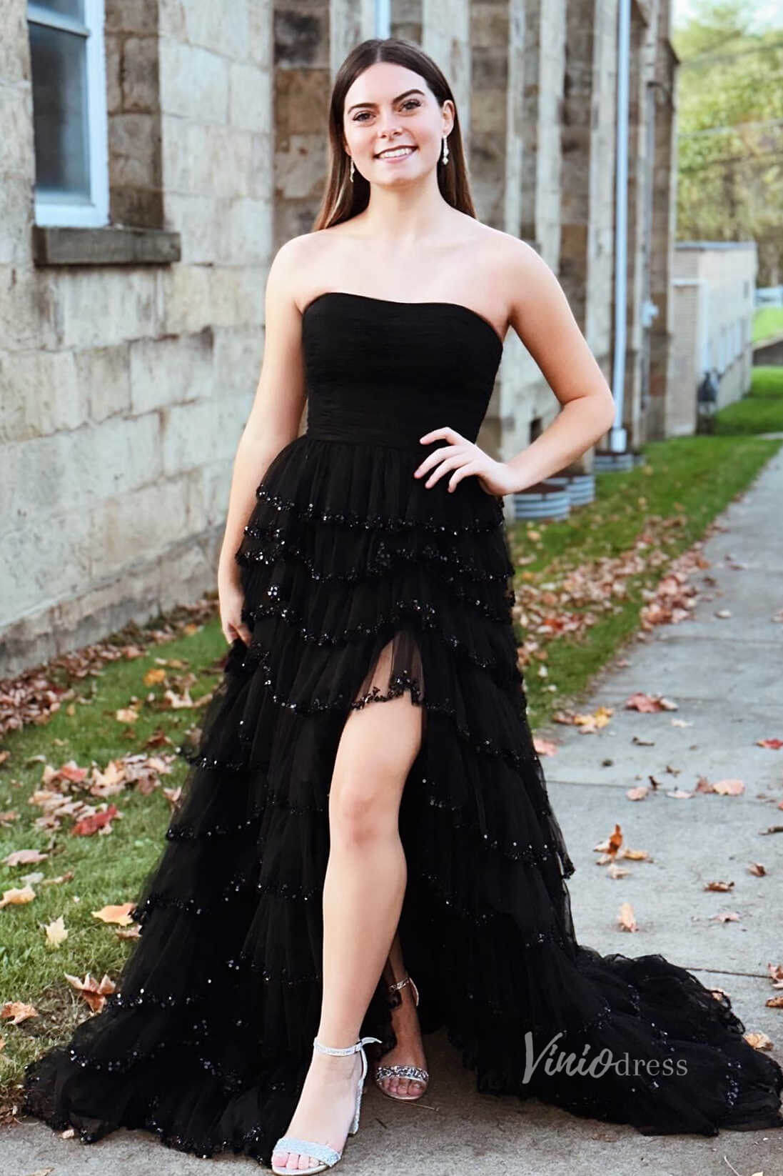 Light Blue Strapless Beaded Ruffle Prom Dresses with Slit FD3640S-prom dresses 2025 -Viniodress-Light Blue-Custom Size-