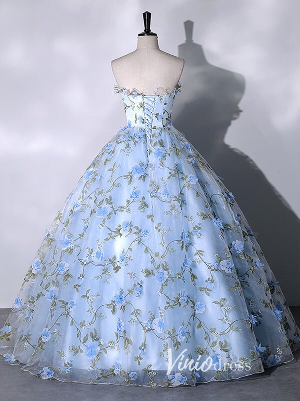Light Blue Strapless Floral Lace Quinceanera Dresses FD3533-prom dresses 2025 -Viniodress-Light Blue-Custom Size-