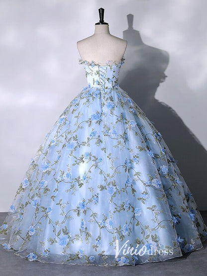 Light Blue Strapless Floral Lace Quinceanera Dresses FD3533-prom dresses 2025 -Viniodress-Light Blue-Custom Size-