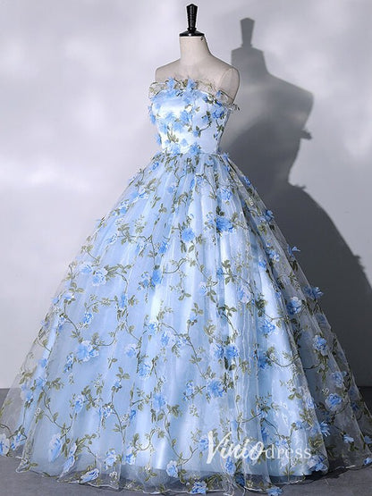 Light Blue Strapless Floral Lace Quinceanera Dresses FD3533-prom dresses 2025 -Viniodress-Light Blue-Custom Size-