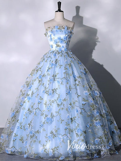 Light Blue Strapless Floral Lace Quinceanera Dresses FD3533-prom dresses 2025 -Viniodress-Light Blue-Custom Size-