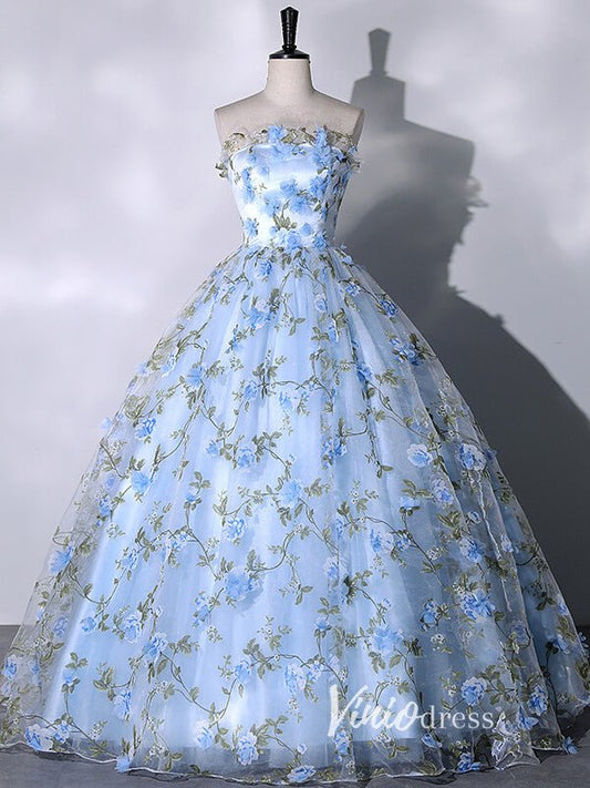 Light Blue Strapless Floral Lace Quinceanera Dresses FD3533-prom dresses 2025 -Viniodress-Light Blue-Custom Size-