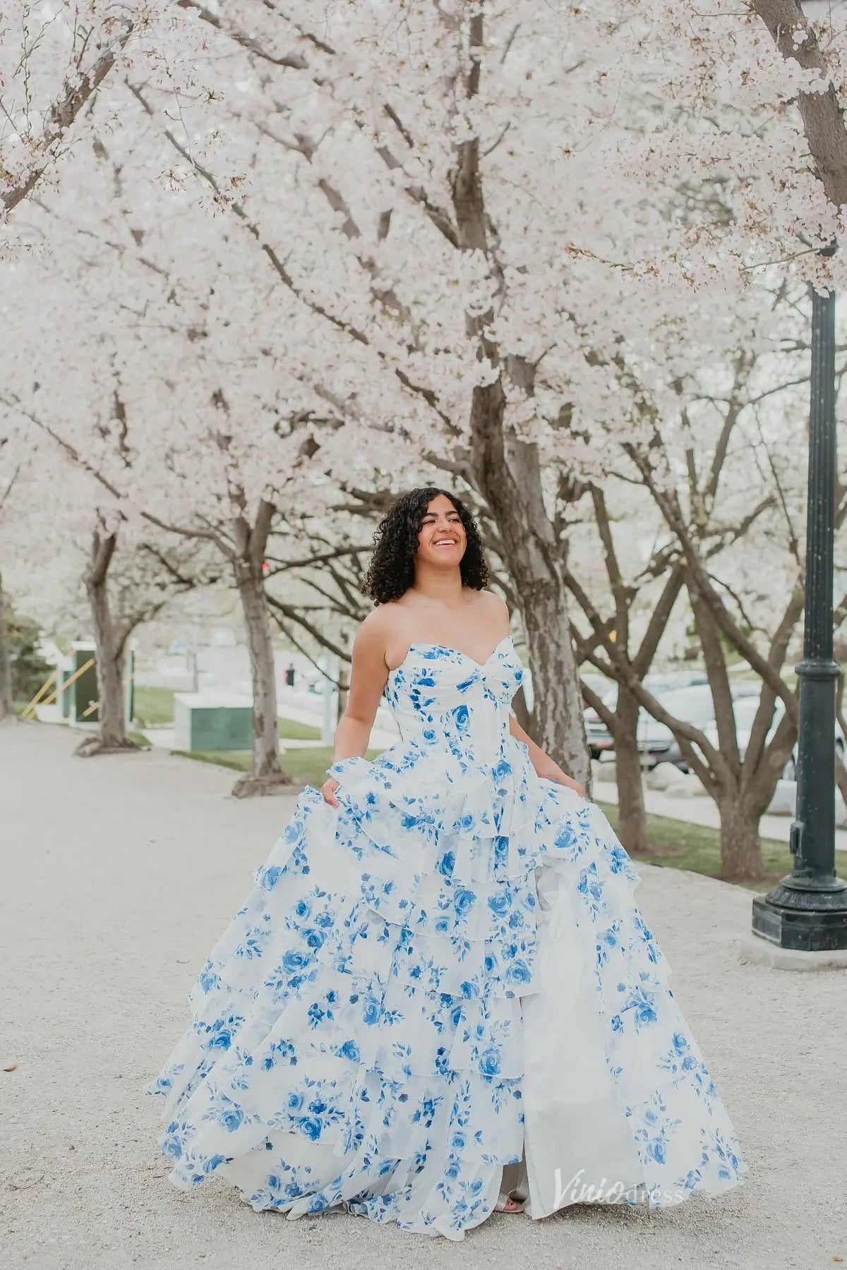 Light Blue Strapless Floral Prom Dress with Tiered Ruffle Skirt & High Slit – RF026