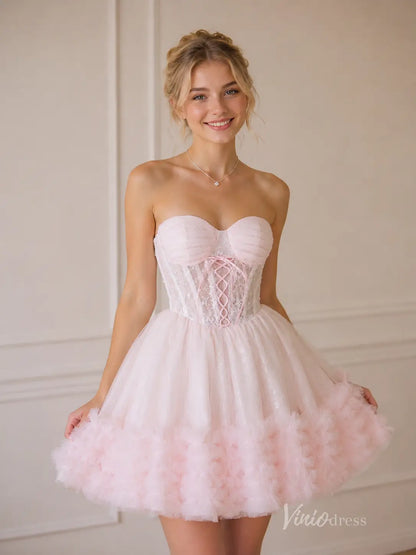 Light Blue Strapless Sweetheart Lace Corset Homecoming Dress with Tulle Skirt & Tiered Ruffle Hem - BJ110-Homecoming Dresses 2026-Viniodress-Blush-Custom Size – Add Measurements in Cart-