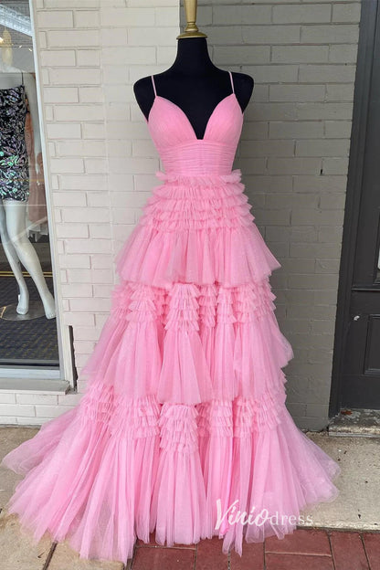 Light Blue Tiered Ruffle Tulle Prom Dresses with Slit FD2993-prom dresses 2025 -Viniodress-Pink-Custom Size-