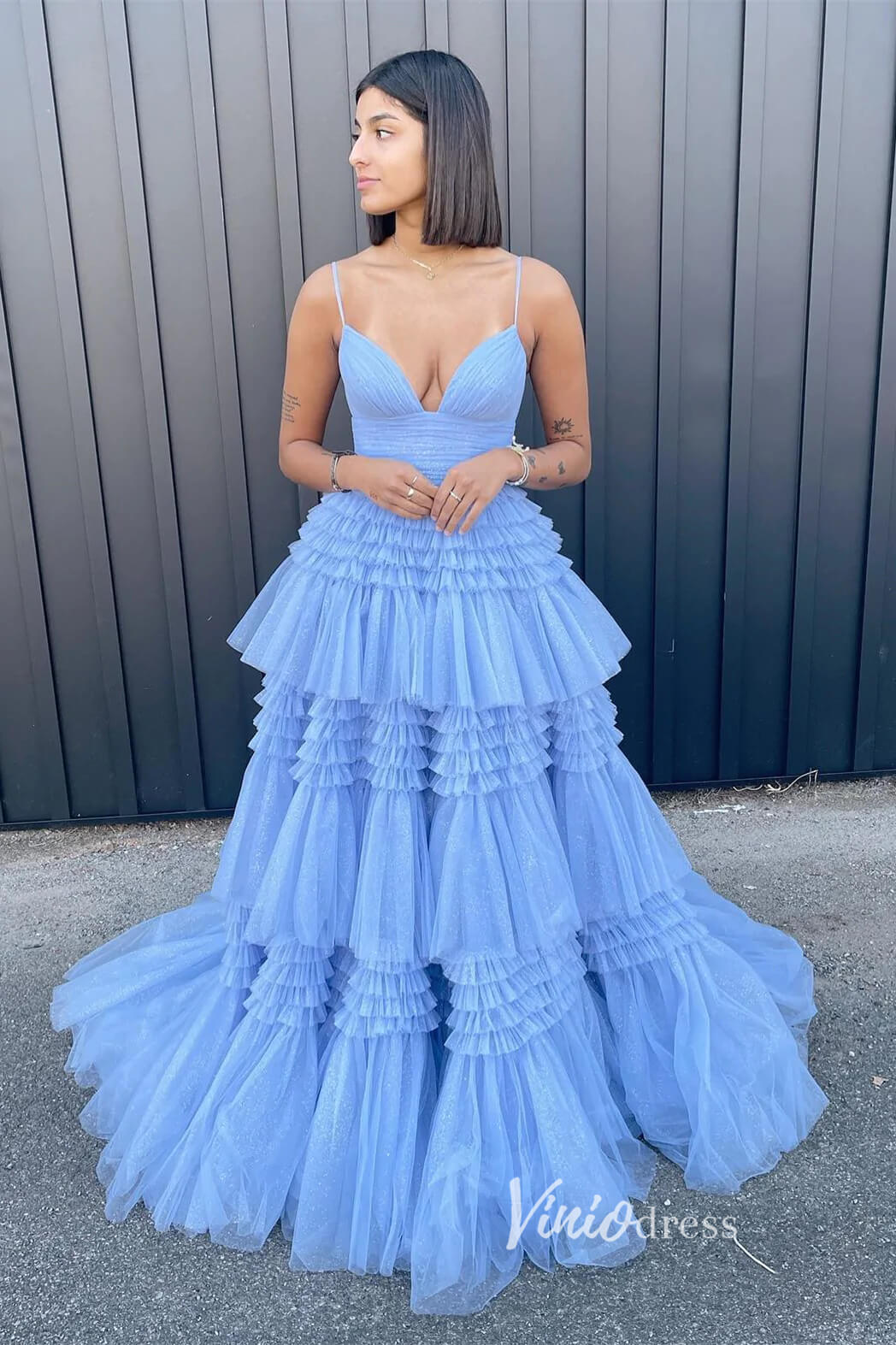 Light Blue Tiered Ruffle Tulle Prom Dresses with Slit FD2993 – Viniodress