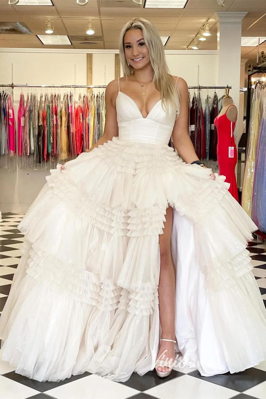 Light Blue Tiered Ruffle Tulle Prom Dresses with Slit FD2993-prom dresses 2025 -Viniodress-Light Blue-Custom Size-