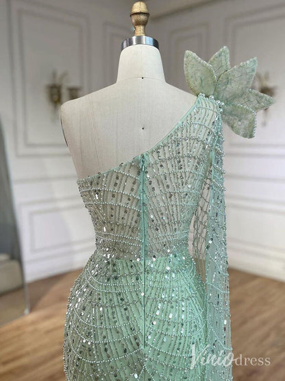 Light Green Beaded One Shoulder Prom Dresses Pearl String Pageant Dress AD1231-Evening Dresses 2025 -Viniodress-Light Green-US 2-