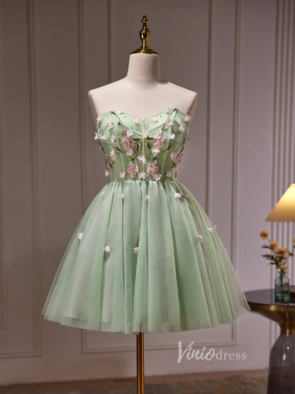 Light Green Floral Lace Applique Homecoming Dresses Strapless Boned Bodice BJ033-prom dresses 2025 -Viniodress-Light Green-Custom Size-