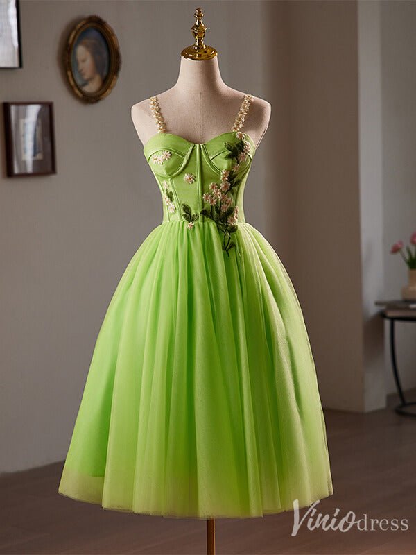 Light Green Lace Applique Homecoming Dress Spaghetti Strap Back to School Dress 8023-prom dresses 2025 -Viniodress-Light Green-Custom Size-