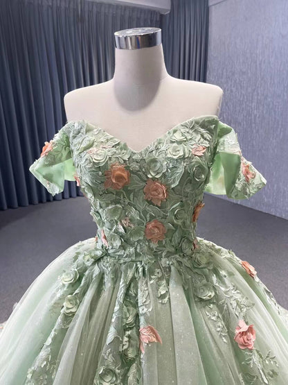 Light Green Lace Applique Sweet 16 Ball Gowns Off the Shoulder Wedding Dresses 222240B-Quinceanera Dresses 2025 -Viniodress-Light Green-Custom Size-