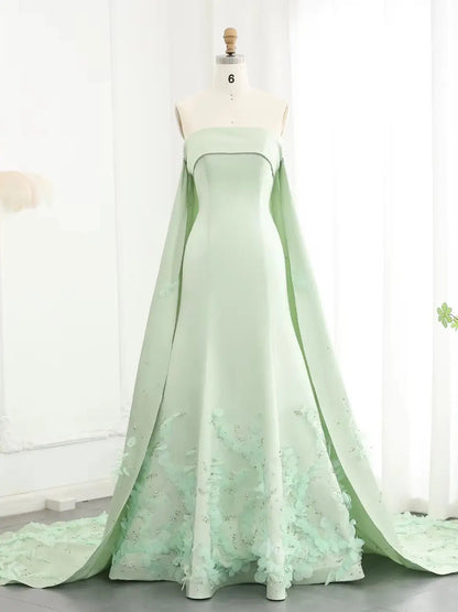 Light Green Satin Prom Dresses Elegant Cape Train Formal Dresses with – Viniodress