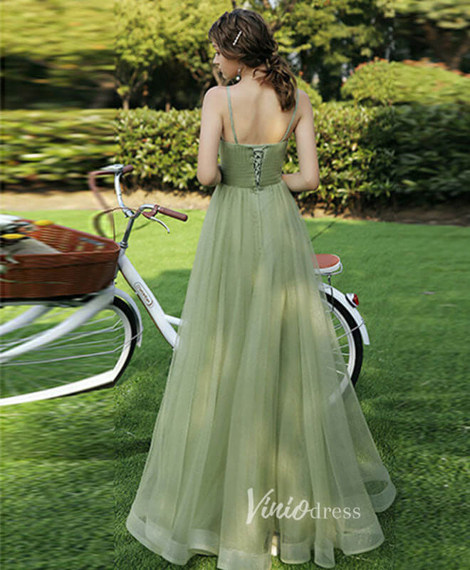 Light Green Spaghetti Strap Prom Dresses A-Line Tulle Evening Dress FD – Viniodress