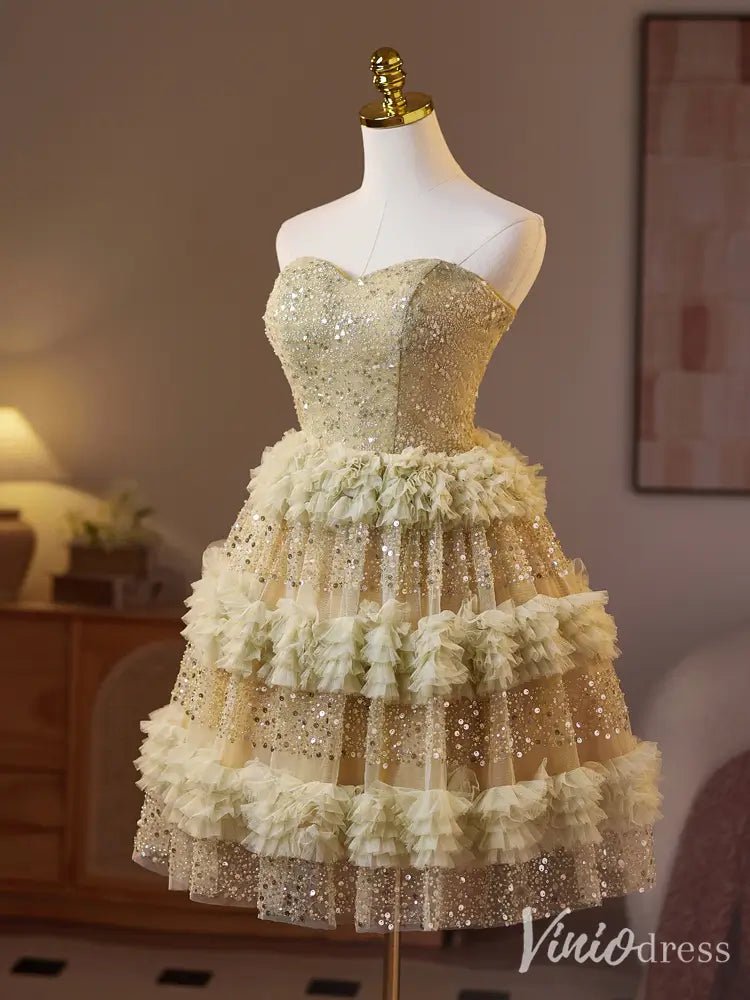 Light Green Sparkly Sequin Homecoming Dress – Sweetheart Neckline Short Dress with Ruffled Skirt & Glittering Sequins BJ075-prom dresses 2025 -Viniodress-Light Green-Custom Size-
