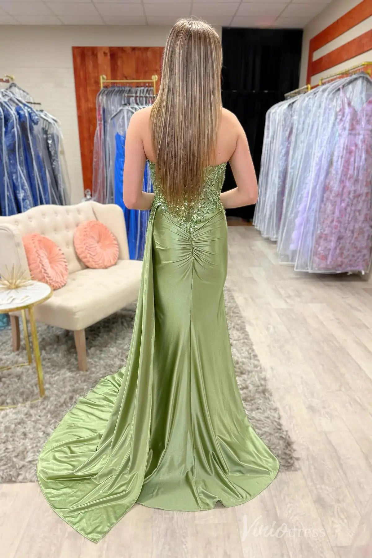 Light Green Strapless Satin Prom Dress with Sheer Corset, Floral Sequin Appliqué, Overskirt and Slit – SS090