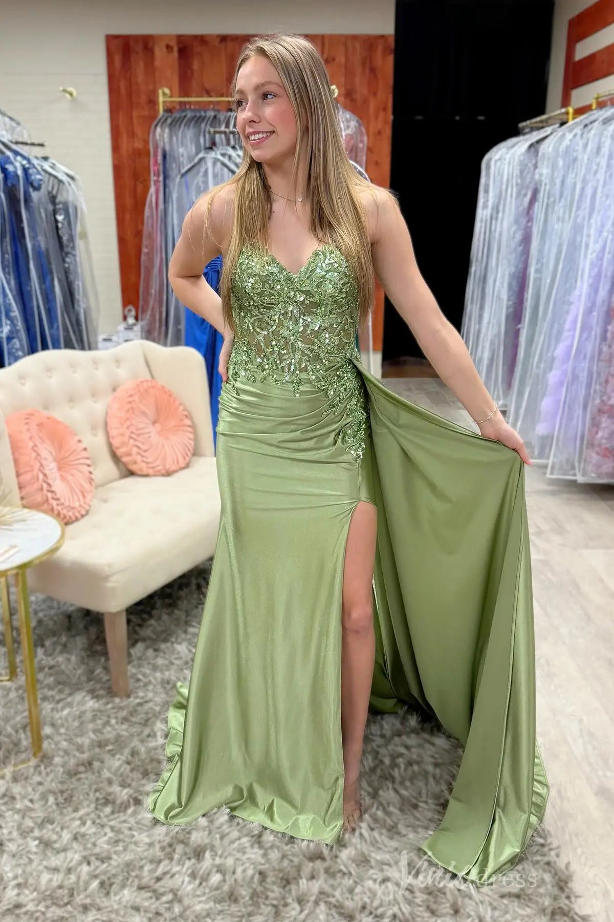 Light Green Strapless Satin Prom Dress with Floral Sequin Bodice and High Slit – SS090 – Viniodress