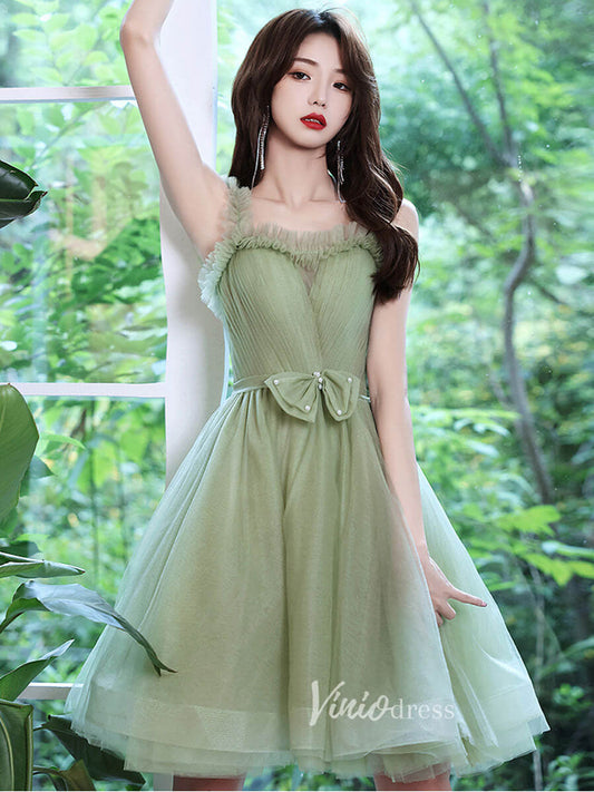 Light Green Tulle Homecoming Dresses Spaghetti Strap Short Prom Dress FD3182-prom dresses 2025 -Viniodress-Light Green-Custom Size-