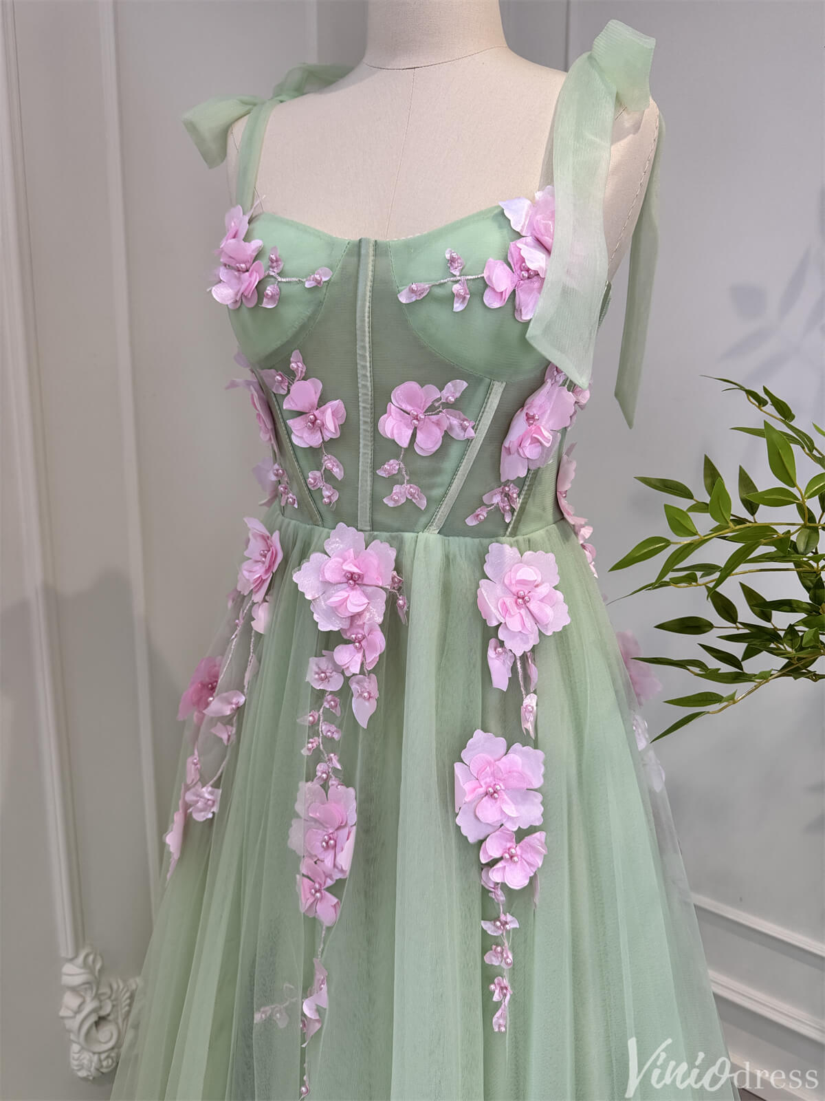 Light Green Tulle Prom Dresses with Pink Flowers Floral Evening Dress – Viniodress