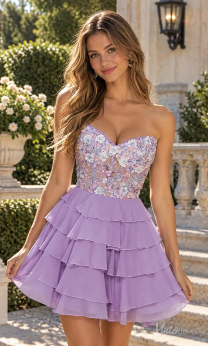Lilac strapless homecoming dress with a sheer corset bodice, 3D floral appliqués, and a tiered ruffle mini skirt.
