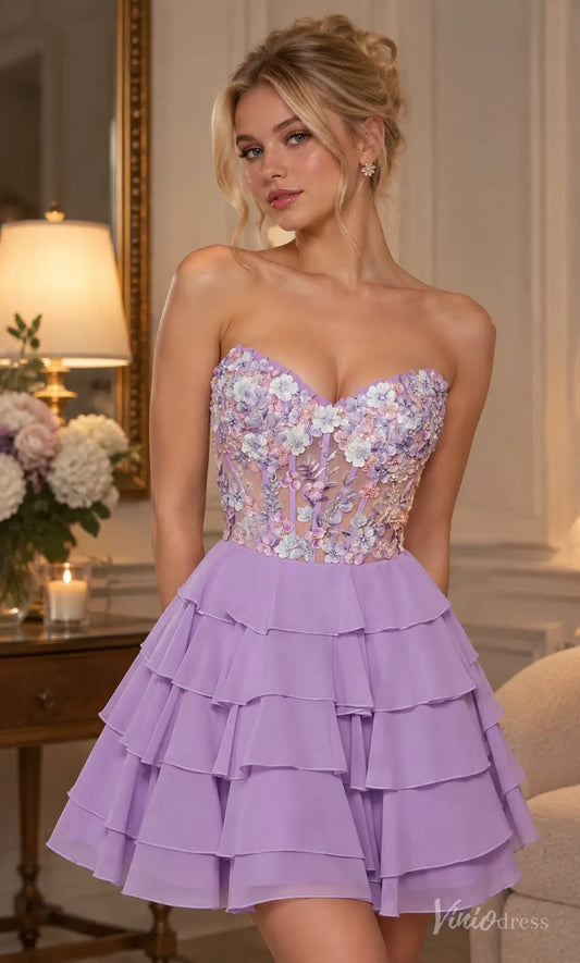 Lilac homecoming dress with a sheer corset bodice, 3D floral appliqués, and a tiered ruffle mini skirt.
