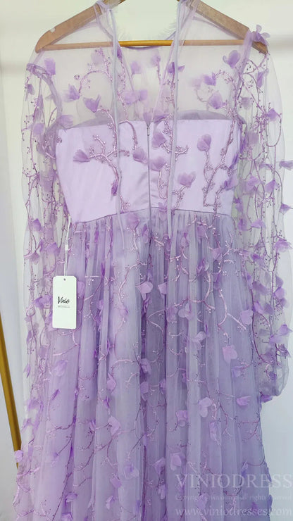 Lilac 3D Flower Lace Prom Dresses with Puffy Long Sleeves and Slit FD1726-prom dresses 2025 -Viniodress-Lilac-Custom Size-