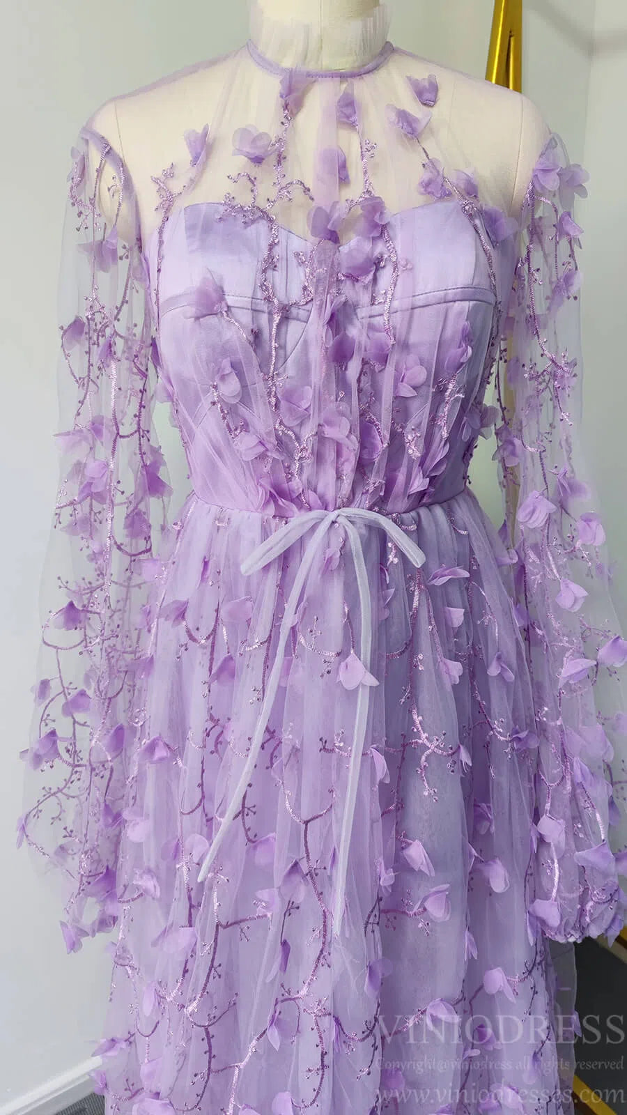 Lilac 3D Flower Lace Prom Dresses with Puffy Long Sleeves and Slit FD1726-prom dresses 2025 -Viniodress-Lilac-Custom Size-