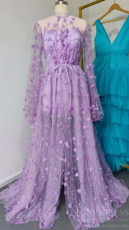 Lilac 3D Flower Lace Prom Dresses with Puffy Long Sleeves and Slit FD1726-prom dresses 2025 -Viniodress-Lilac-Custom Size-