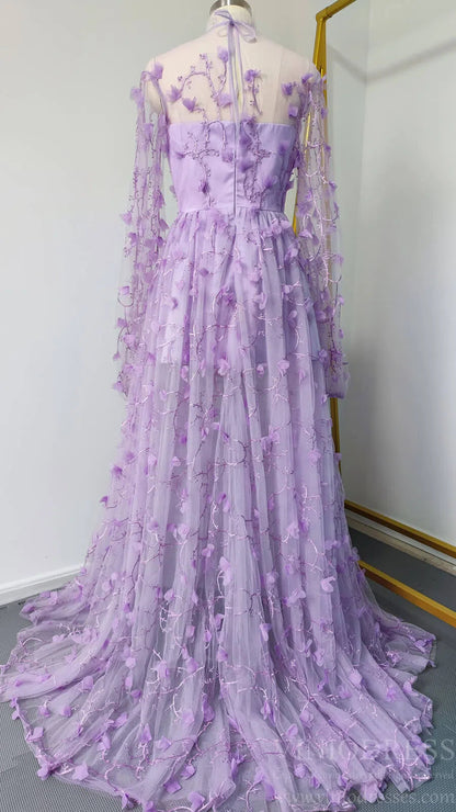 Lilac 3D Flower Lace Prom Dresses with Puffy Long Sleeves and Slit FD1726-prom dresses 2025 -Viniodress-Lilac-Custom Size-