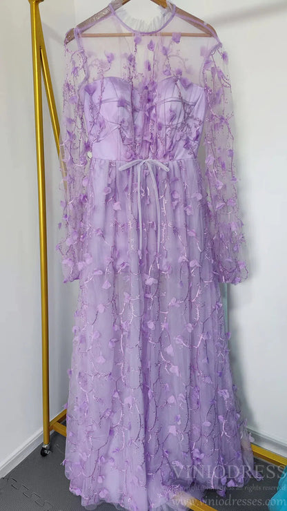 Lilac 3D Flower Lace Prom Dresses with Puffy Long Sleeves and Slit FD1726-prom dresses 2025 -Viniodress-Lilac-Custom Size-