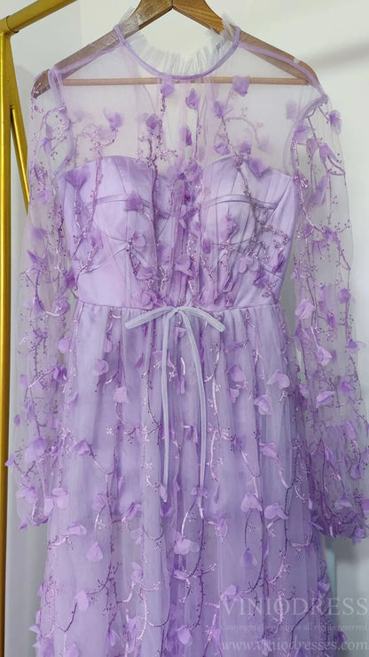 Lilac 3D Flower Lace Prom Dresses with Puffy Long Sleeves and Slit FD1726-prom dresses 2025 -Viniodress-Lilac-Custom Size-
