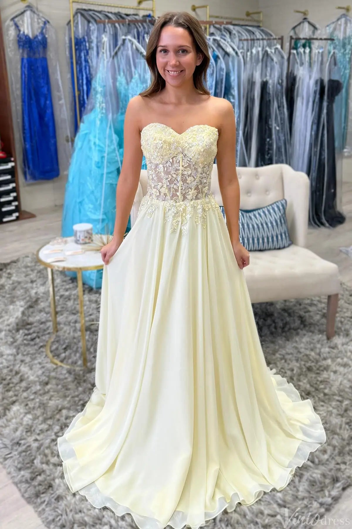 Butter Yellow Lace A-Line Prom Dress with Sweetheart Neck & Corset Back – AE1005 – Viniodress