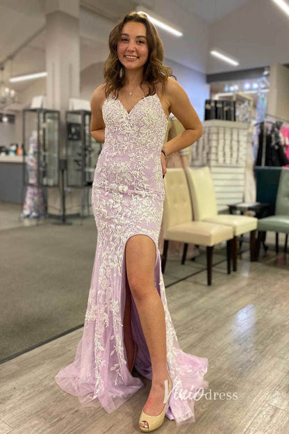 Lilac Lace Applique Prom Dresses with Slit Spaghetti Strap Mermaid Evening Dress FD3386-prom dresses 2025 -Viniodress-Lilac-Custom Size-