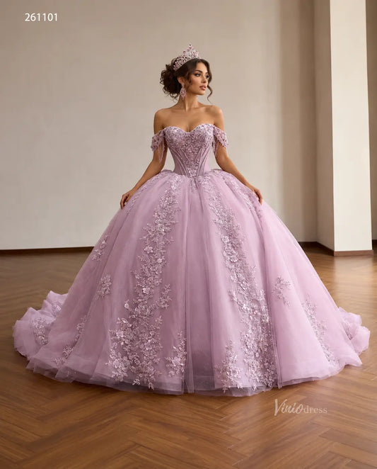 Lilac off-shoulder quinceañera ball gown with crystal corset, 3D floral appliqués, and a full tulle skirt.