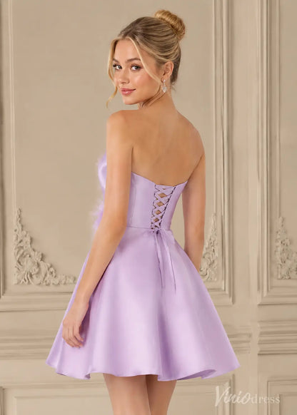 Lavender satin strapless mini dress with a corset lace-up back and feathered bust detail.