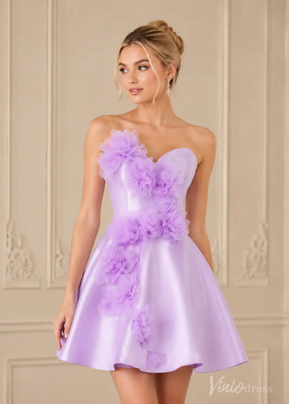 S26096 lavender one-shoulder short dress with floral appliques on the bodice and skirt.