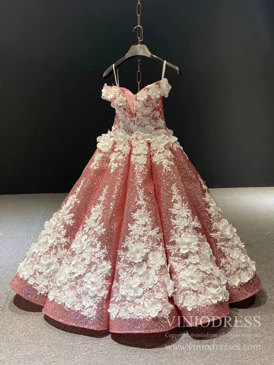 Little Girls Prom Dresses 3D Floral Pink Princess Dress 66662K for kids-Pageant Dresses for Kids 2025 -Viniodress-Pink-Custom Size-