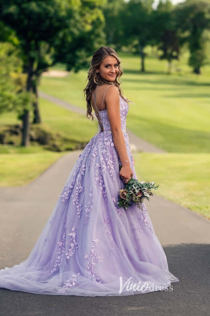Long Lavender Lace Prom Dresses Lace-Up Back FD1265B – Viniodress