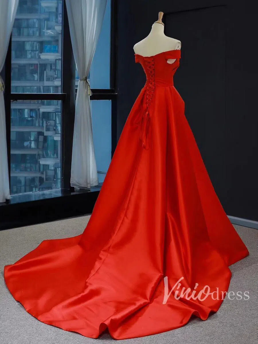 Long Prom Dresses Off Shoulder Red Overskirt Jumpsuits FD1283-prom dresses 2025 -Viniodress-Red-Custom Size-