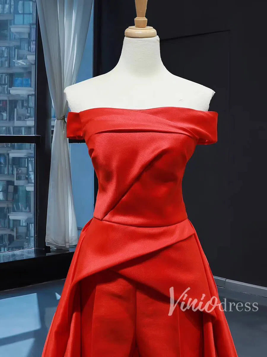 Long Prom Dresses Off Shoulder Red Overskirt Jumpsuits FD1283-prom dresses 2025 -Viniodress-Red-Custom Size-