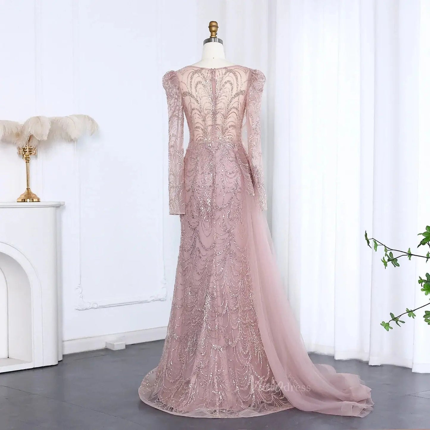 Long Sleeve Beaded Prom Dresses Overskirt Mermaid Vintage Formal Dresses BD002-Evening Dresses 2025 -Viniodress-Light Green-US 2-