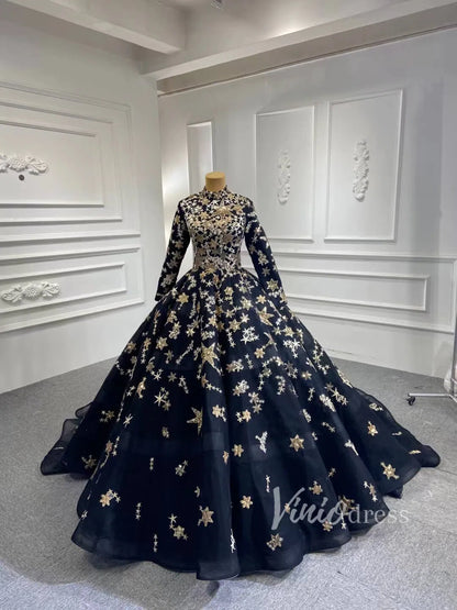 Long Sleeve Black Starry Ball Gown Muslim Style Wedding Dress FD1770 H – Viniodress