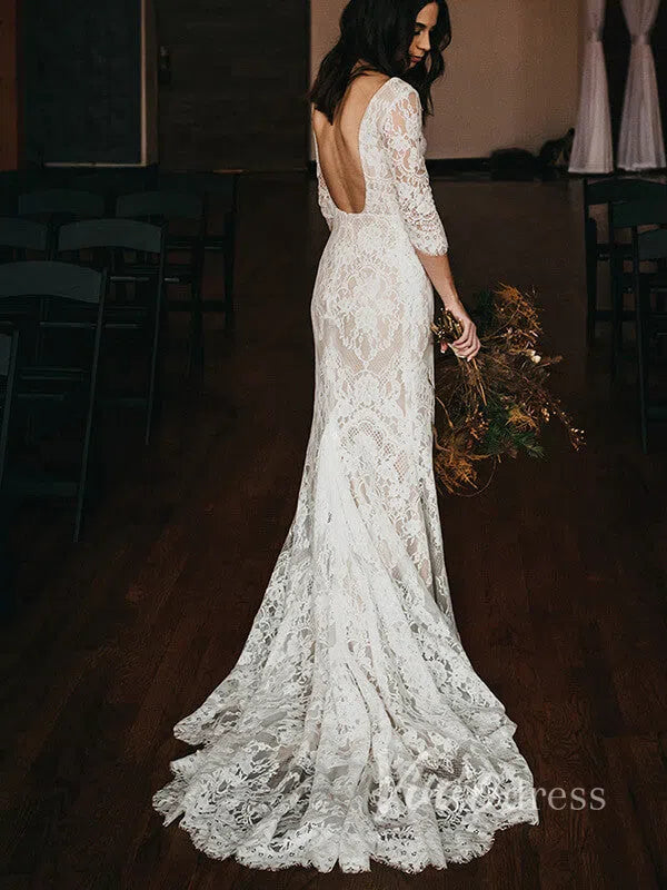 Long Sleeve Bohemian Wedding Dress Mermaid Lace Elopement Bridal Dress VW1095-wedding dresses 2025 -Viniodress-Ivory-Custom Size-