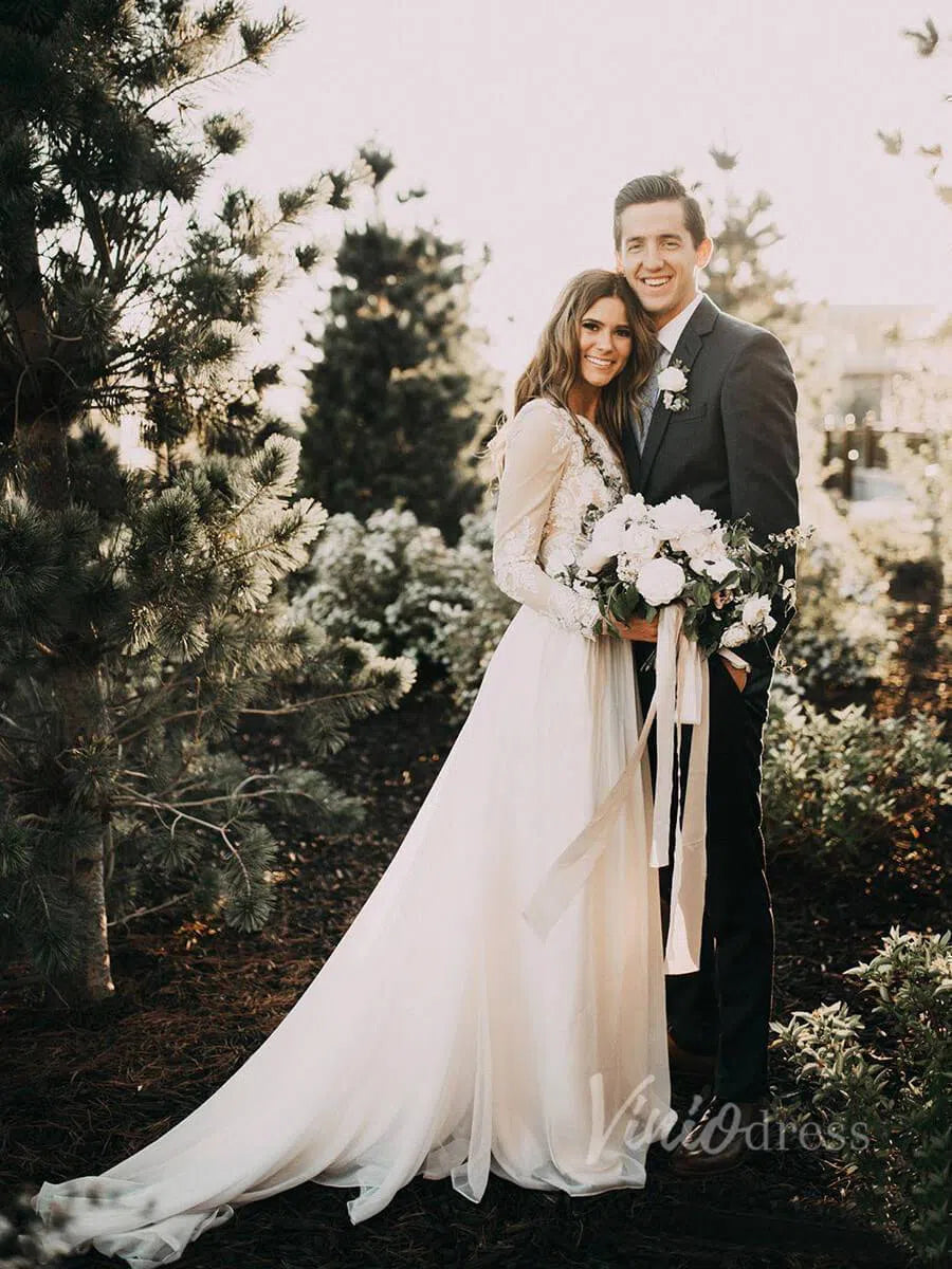 rustic boho wedding dress Lace Mermaid Long Sleeve Bridal Gown TN251 US6 / Ivory/Nude Lace appliqued bodice Ariamo Boho Wedding Dresses -