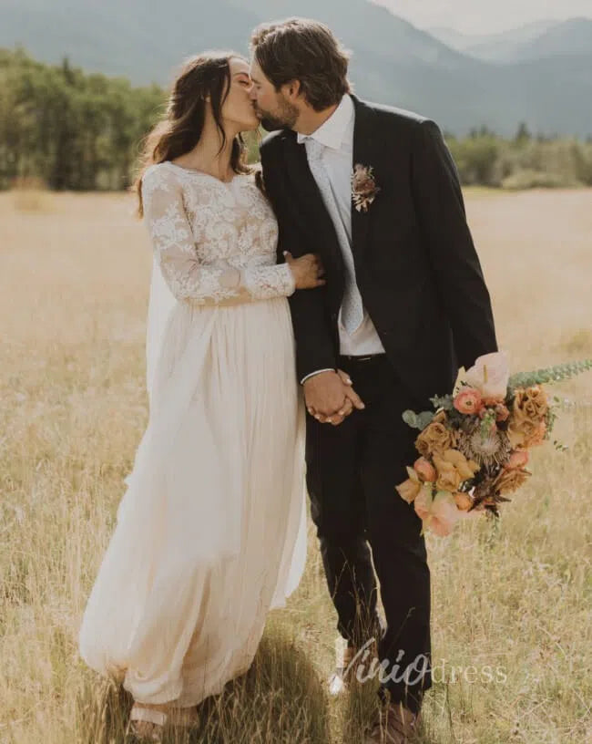 Long Sleeve Boho Wedding Dresses Rustic Country Wedding Dress Viniodress VW1111-wedding dresses 2025 -Viniodress-Ivory-Custom Size-