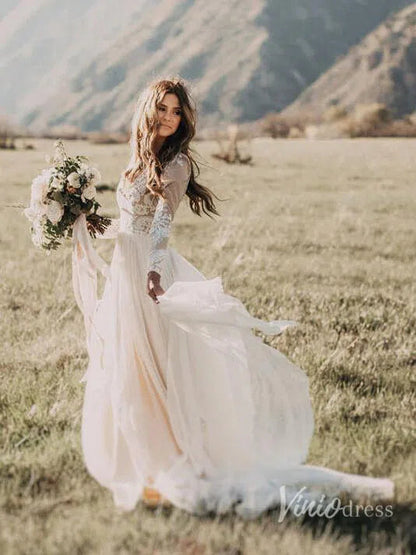 Long Sleeve Boho Wedding Dresses Rustic Country Wedding Dress Viniodress VW1111-wedding dresses 2025 -Viniodress-Ivory-Custom Size-