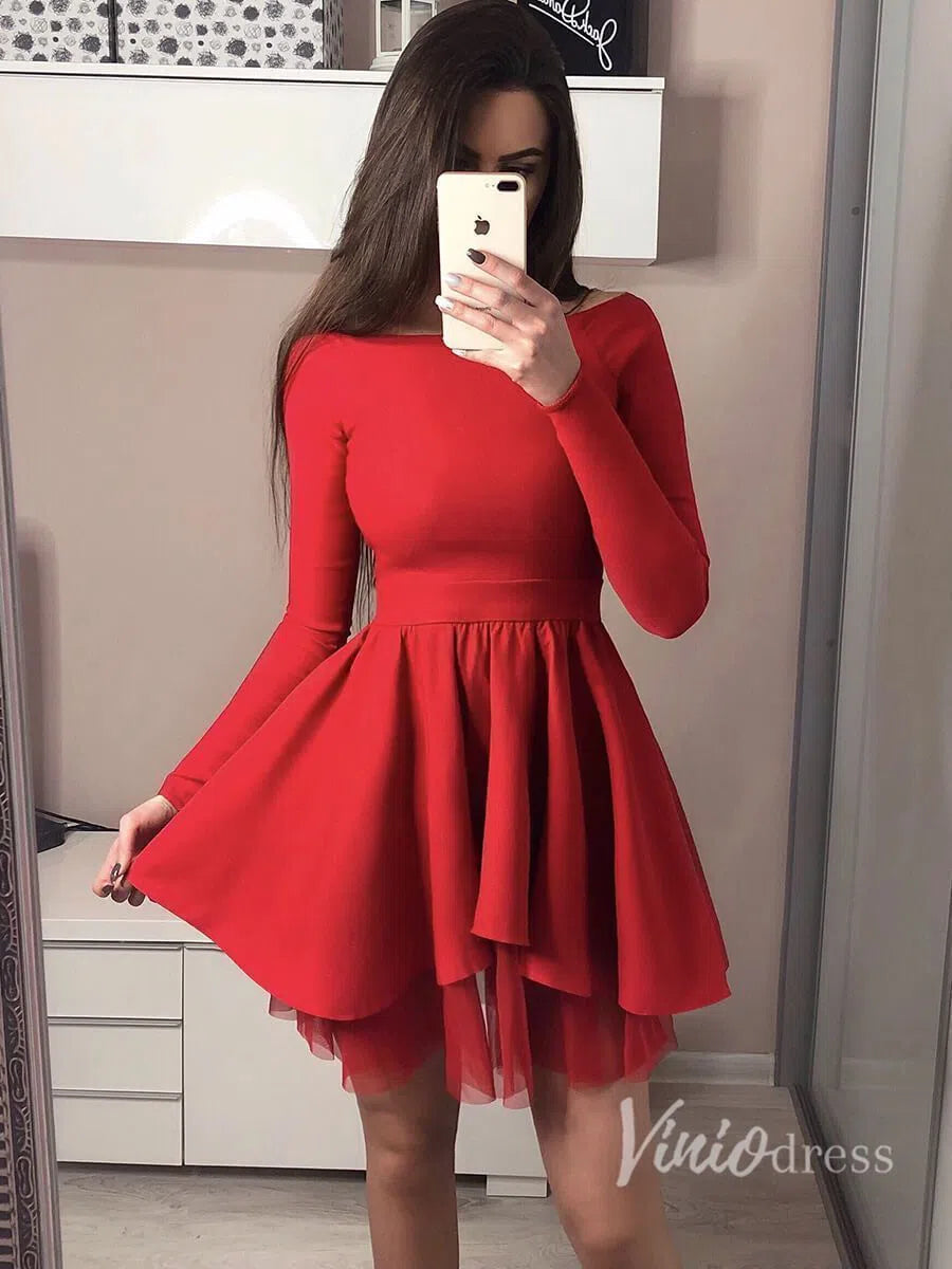 Long Sleeve Chic Short Party Dress Red Homecoming Dresses FD1299-homecoming dresses-Viniodress-Red-Custom Size-Viniodress