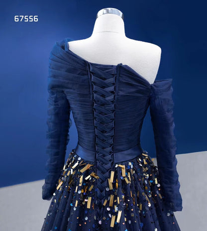 Long Sleeve Dark Blue Formal Dresses A-line Pageant Dress 67556-prom dresses 2025 -Viniodress-Navy Blue-Custom Size-