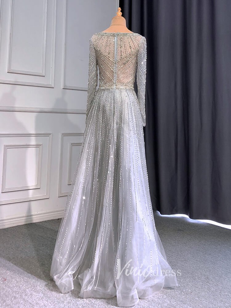 Long Sleeve Evening Dress Beaded Mother of the Bride Dresses 20038-Evening Dresses 2025 -Viniodress-Silver-US 2-